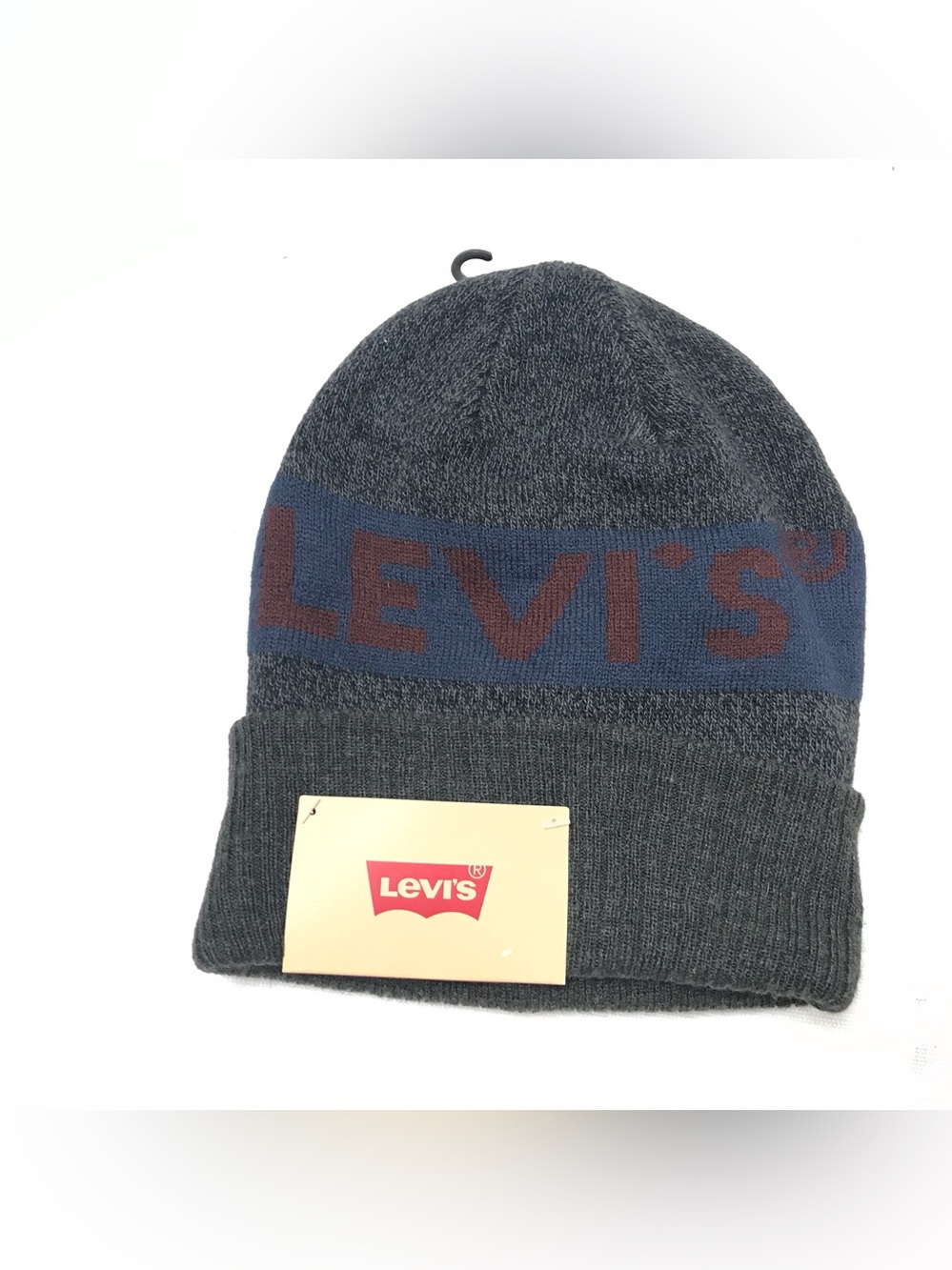 Levi's Striped Cuffed Beanie Hat With Logo Knit Winter Men’s Gray Blue NWT